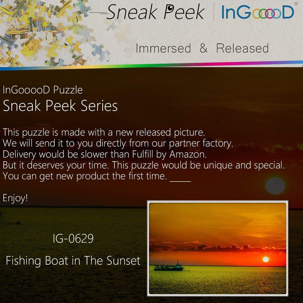 Ingooood-Jigsaw Puzzle 1000 Pieces-Sneak Peek Series- Fishing Boat in The Sunset_IG-0629 Entertainment Toys for Graduation or Birthday Gift Home Decor - Ingooood