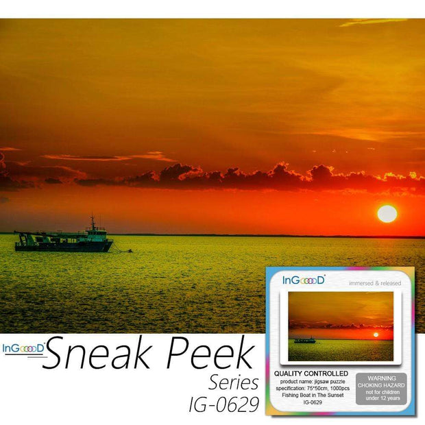 Ingooood-Jigsaw Puzzle 1000 Pieces-Sneak Peek Series- Fishing Boat in The Sunset_IG-0629 Entertainment Toys for Graduation or Birthday Gift Home Decor - Ingooood