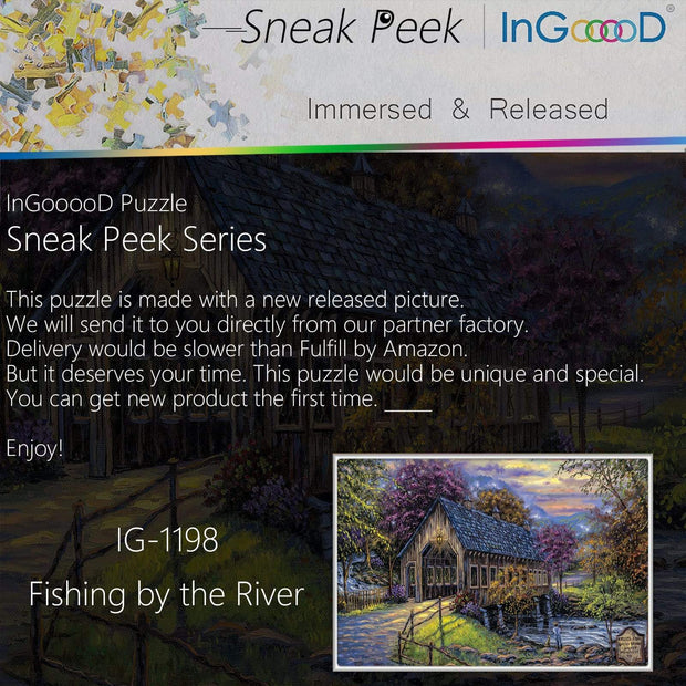 Ingooood-Jigsaw Puzzle 1000 Pieces-Sneak Peek Series-Fishing by The River_IG-1198 Entertainment Toys for Adult Special Graduation or Birthday Gift Home Decor - Ingooood