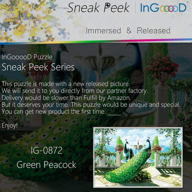 Ingooood-Jigsaw Puzzle 1000 Pieces-Sneak Peek Series-Green Peacock_IG-0872 Entertainment Toys for Adult Special Graduation or Birthday Gift Home Decor - Ingooood
