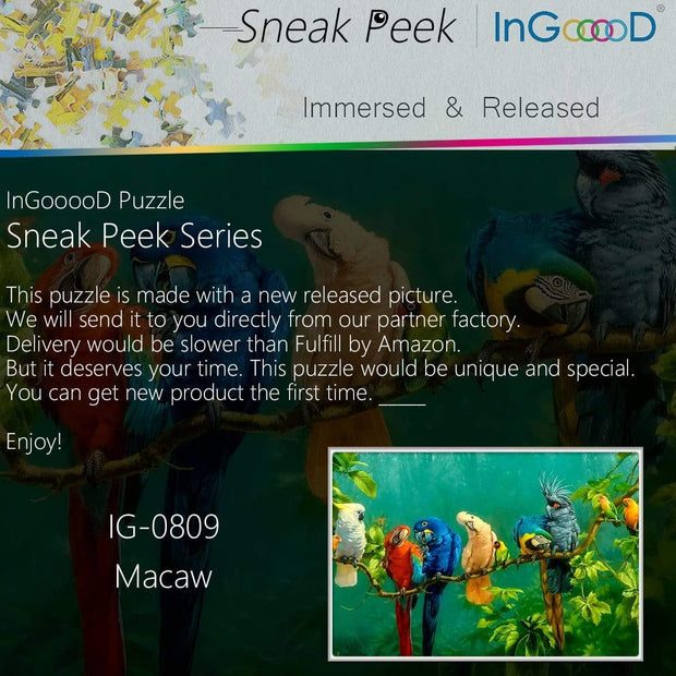 Ingooood- Jigsaw Puzzle 1000 Pieces- Sneak Peek Series-Macaw_IG-0809 Entertainment Toys for Adult Special Graduation or Birthday Gift Home Decor - Ingooood