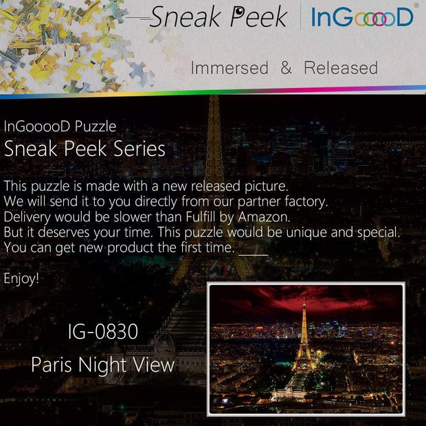 Ingooood- Jigsaw Puzzle 1000 Pieces- Sneak Peek Series-Paris Night View_IG-0830 Entertainment Toys for Adult Graduation or Birthday Gift Home Decor - Ingooood