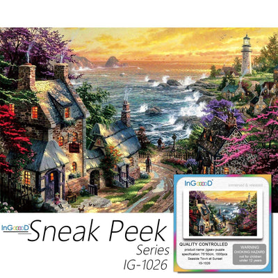 Ingooood-Jigsaw Puzzle 1000 Pieces-Sneak Peek Series-Seaside Town at Sunset_IG-1026 Entertainment Toys for Graduation or Birthday Gift Home Decor - Ingooood
