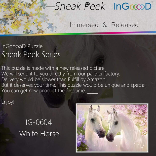 Ingooood-Jigsaw Puzzle 1000 Pieces- Sneak Peek Series- White Horse_IG-0604 Entertainment Toys for Adult Special Graduation or Birthday Gift Home Decor - Ingooood